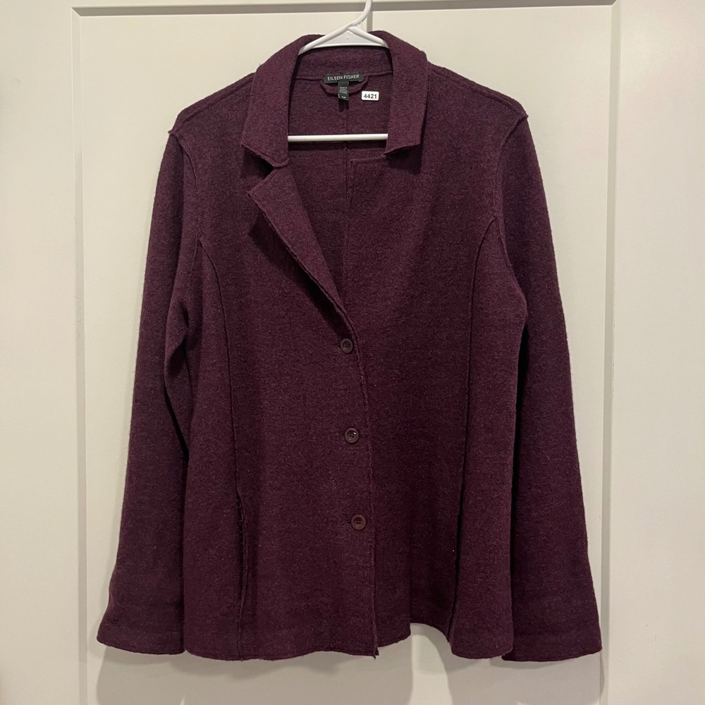 Eileen Fisher Plum Boiled Merino Wool Button Front Cardigan Jacket Small S/P